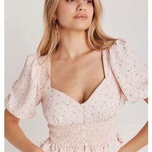 Backyard Roses Pink W/Daisy Floral Print Smocked Milkmaid Babydoll Puffy Sleeves